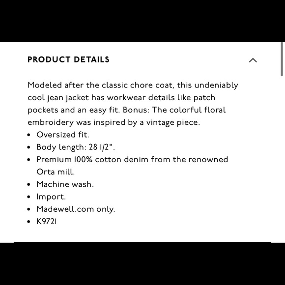 Madewell Floral Embroidered Denim Chore Coat Size Medium - Picture 5 of 5